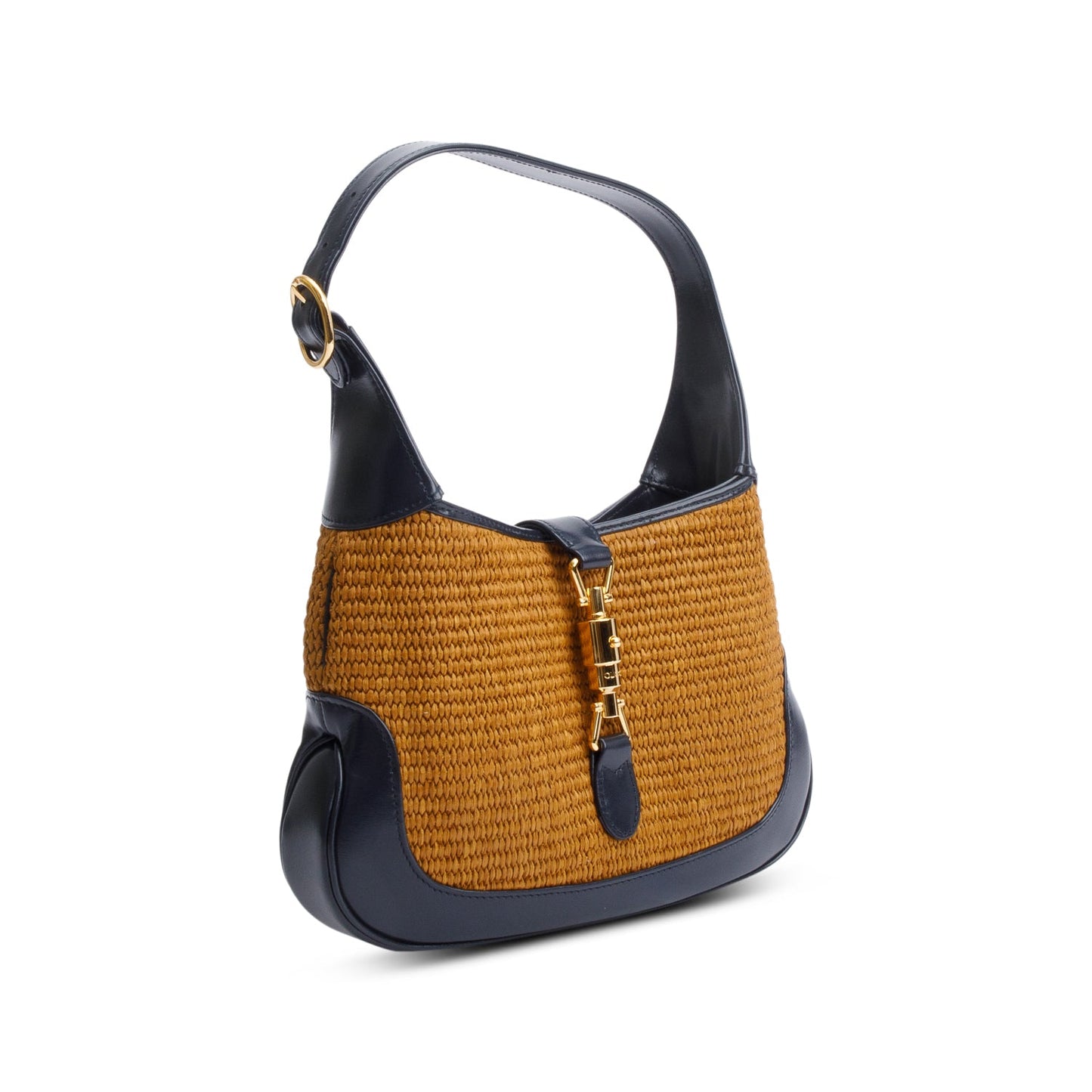 Gucci Neutral Raffia Black Leather Small Jackie 1961 Shoulder Bag