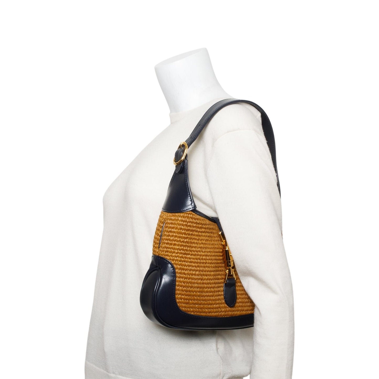 Gucci Neutral Raffia Black Leather Small Jackie 1961 Shoulder Bag