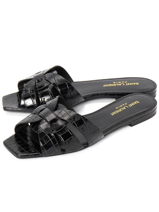 Luxury Saint Laurent Trending 2025 Tribute Crocodile Embossed Shiny Leather Mules Black