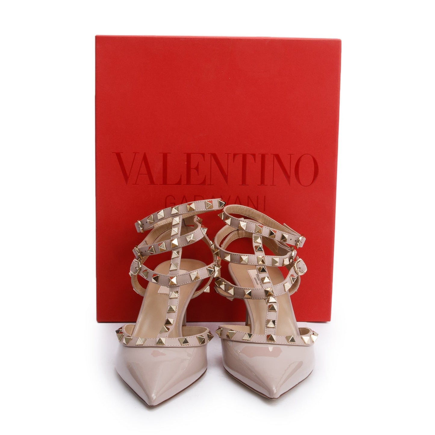 Valentino Beige Patent Leather Rockstud Ankle Strap Pumps, Size 39.5