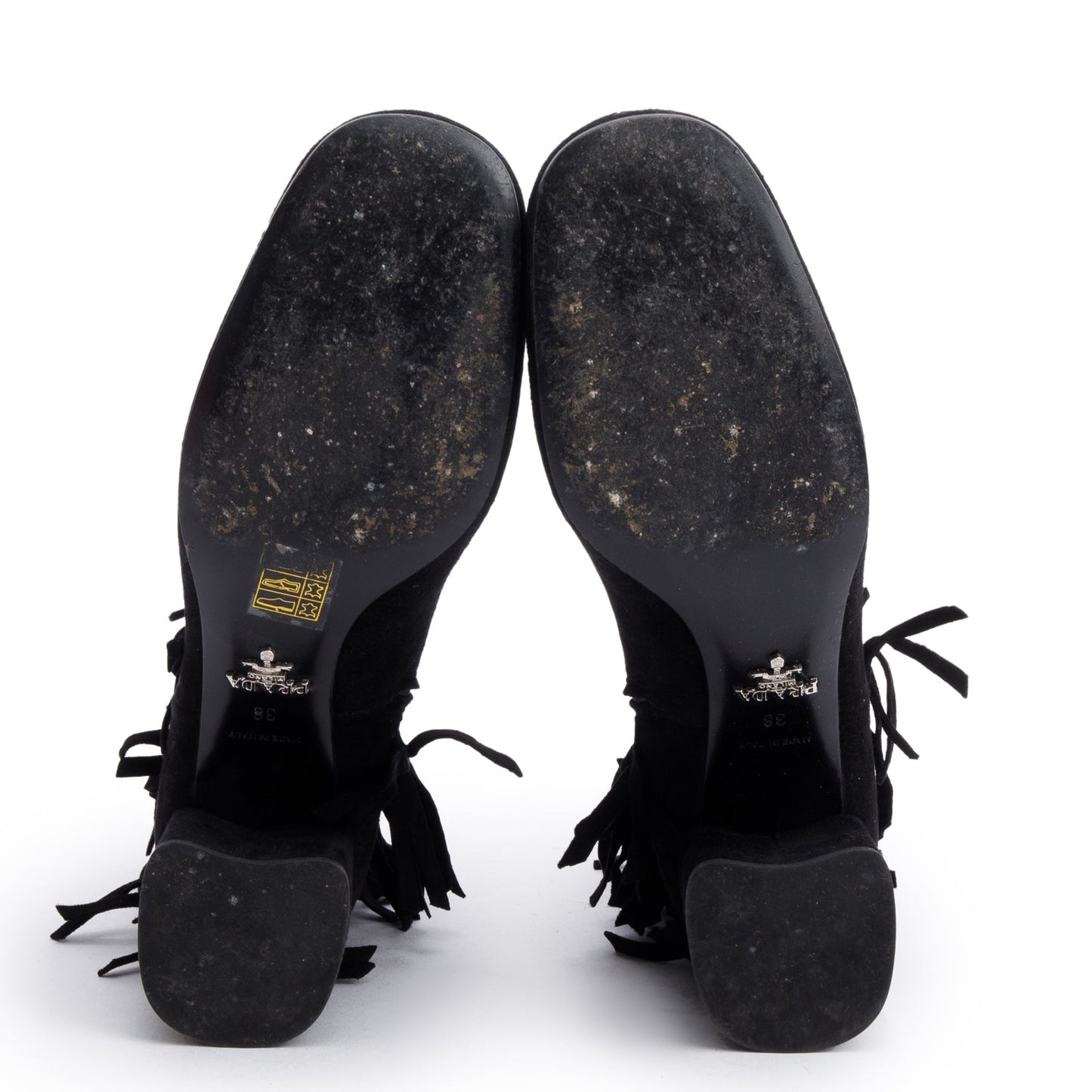 Prada Black Suede Fringe Ankle Boots, Size 38