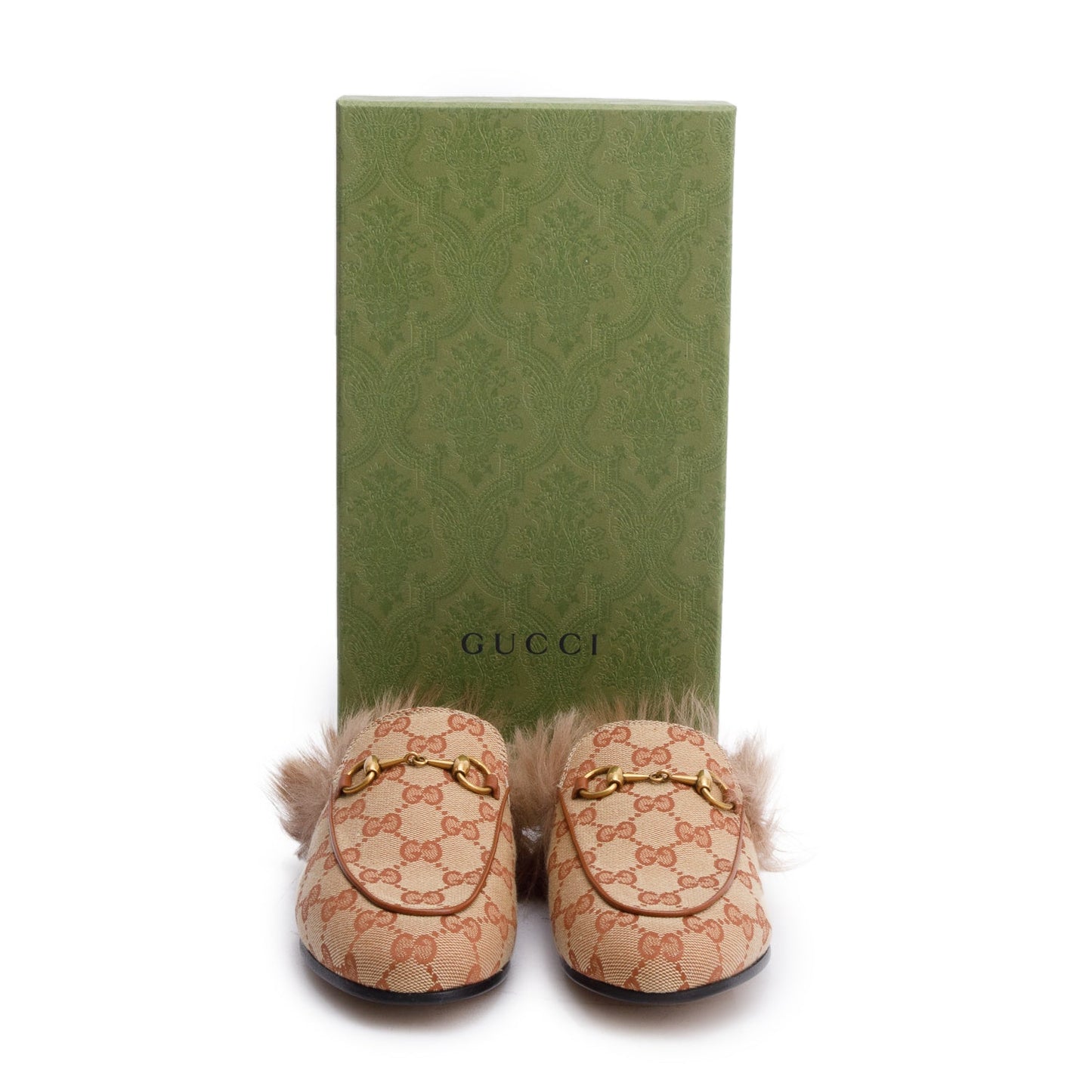 Gucci GG Canvas Fur Horsebit Princetown Mules, Size 36.5
