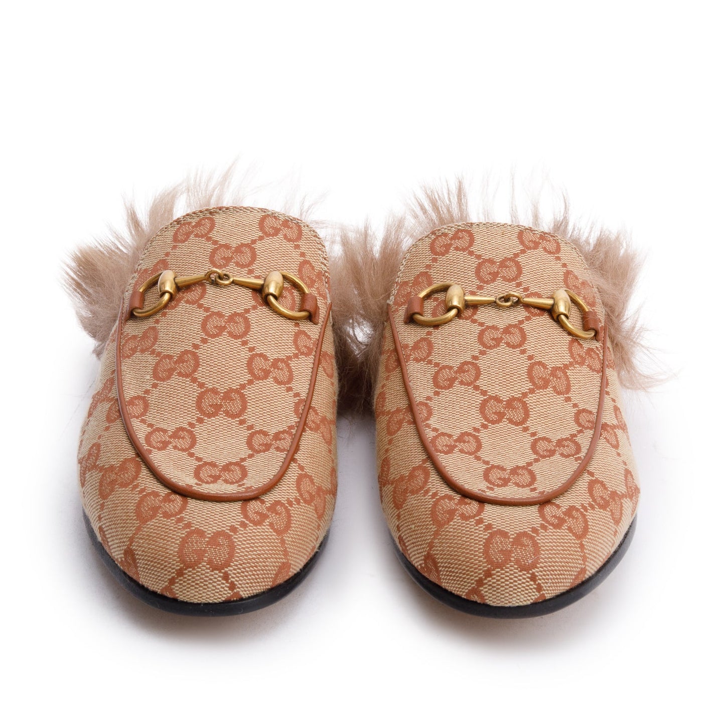 Gucci GG Canvas Fur Horsebit Princetown Mules, Size 36.5