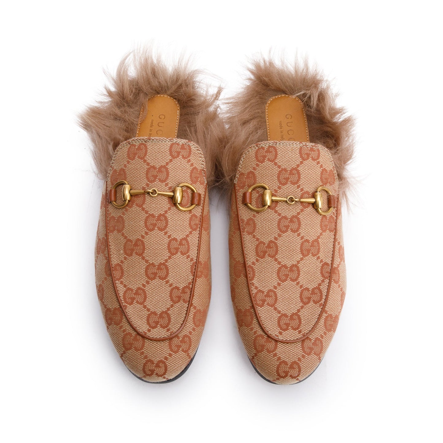 Gucci GG Canvas Fur Horsebit Princetown Mules, Size 36.5
