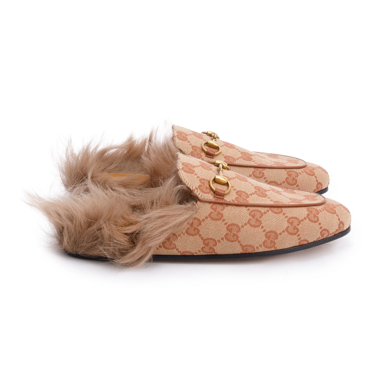Gucci GG Canvas Fur Horsebit Princetown Mules, Size 36.5