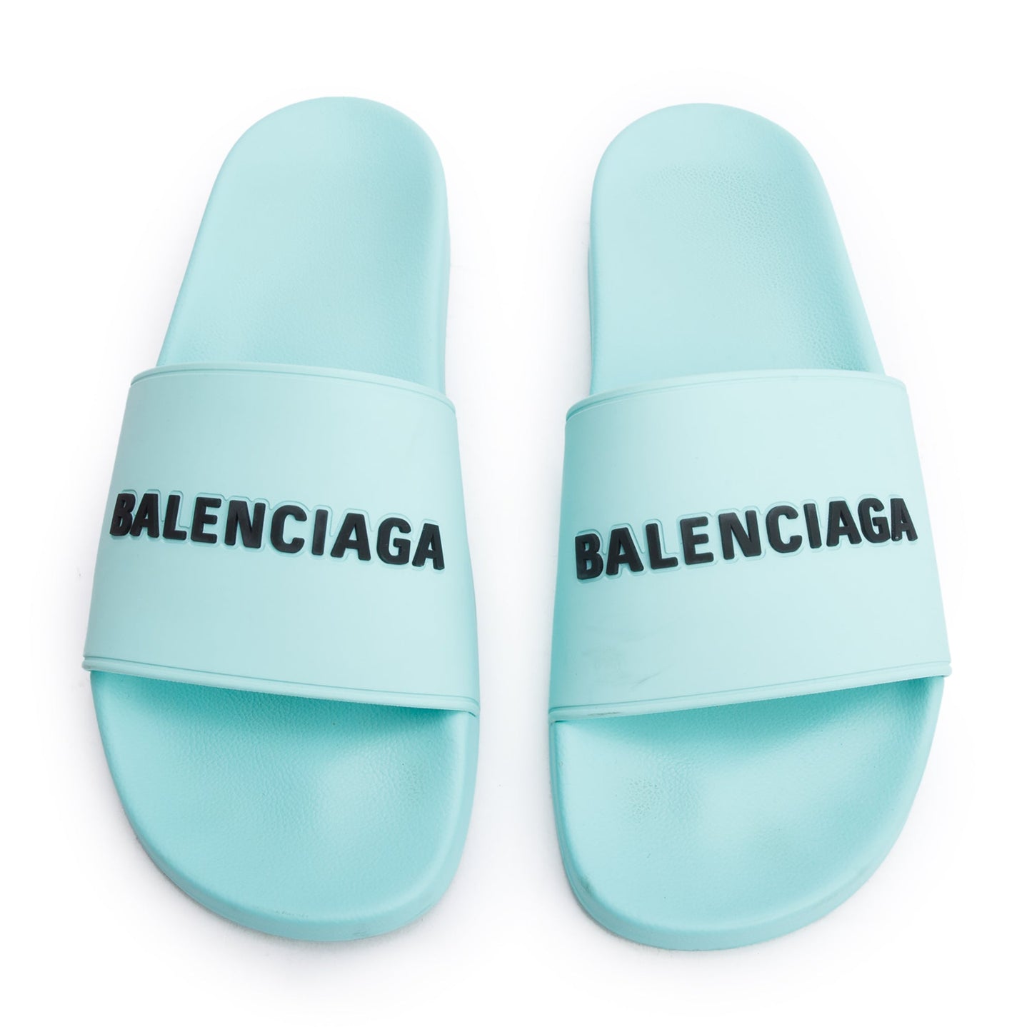 Balenciaga Mint Green Rubber Printed Logo Pool Slide Sandals, Size 45