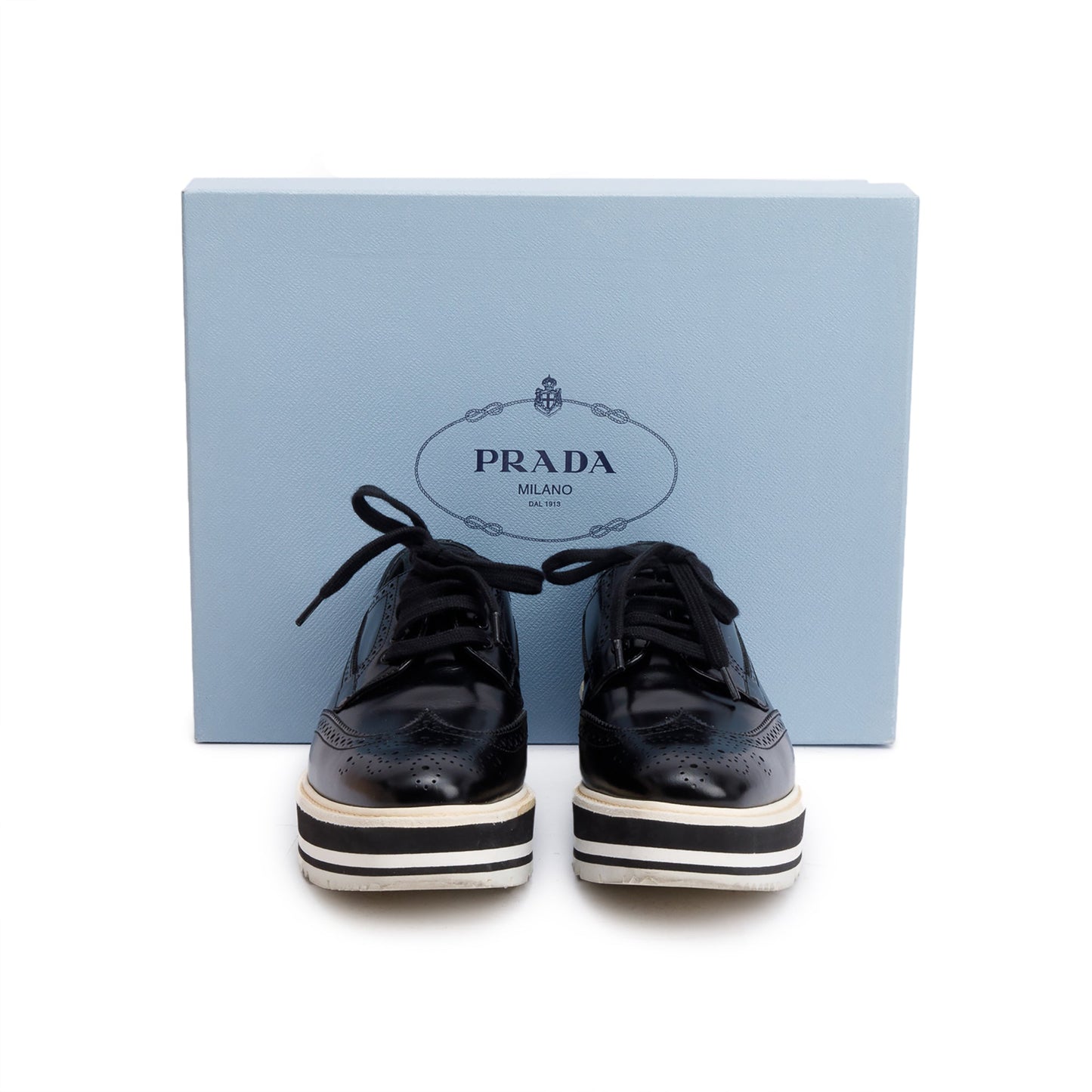 Prada Black Spazzolato Leather Eyelet Trim Laced Oxford Shoes, Size 7.5