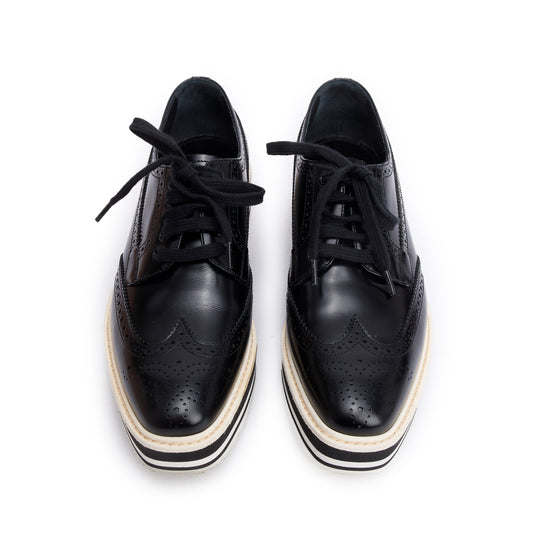 Prada Black Spazzolato Leather Eyelet Trim Laced Oxford Shoes, Size 7.5