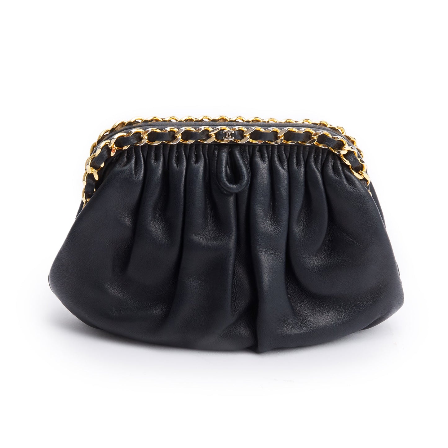 Chanel Black Lambskin Leather Chain-Link Frame Clutch Crossbody