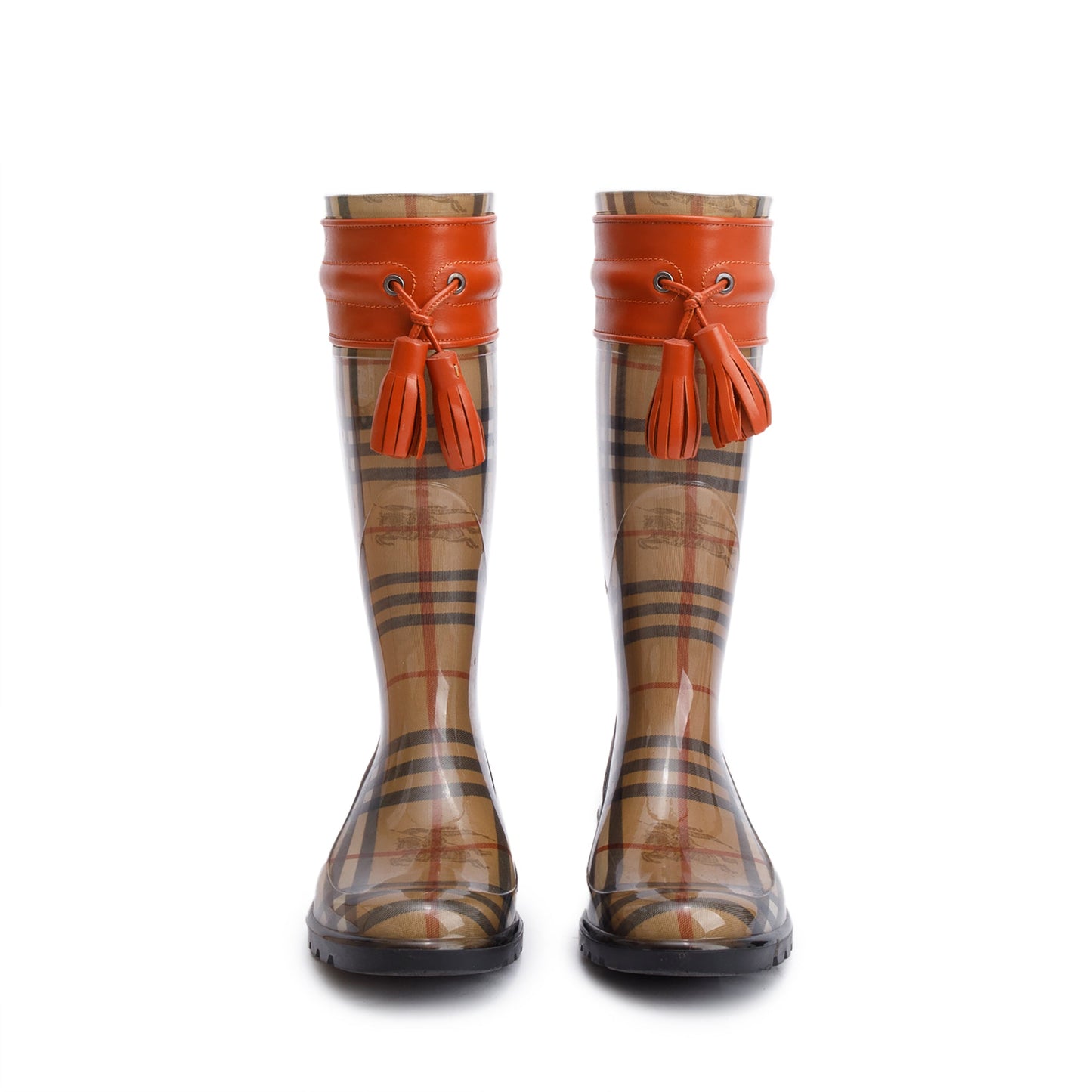 Burberry Wharton Haymarket Check Rubber Tassel Rain Boots, Size 38