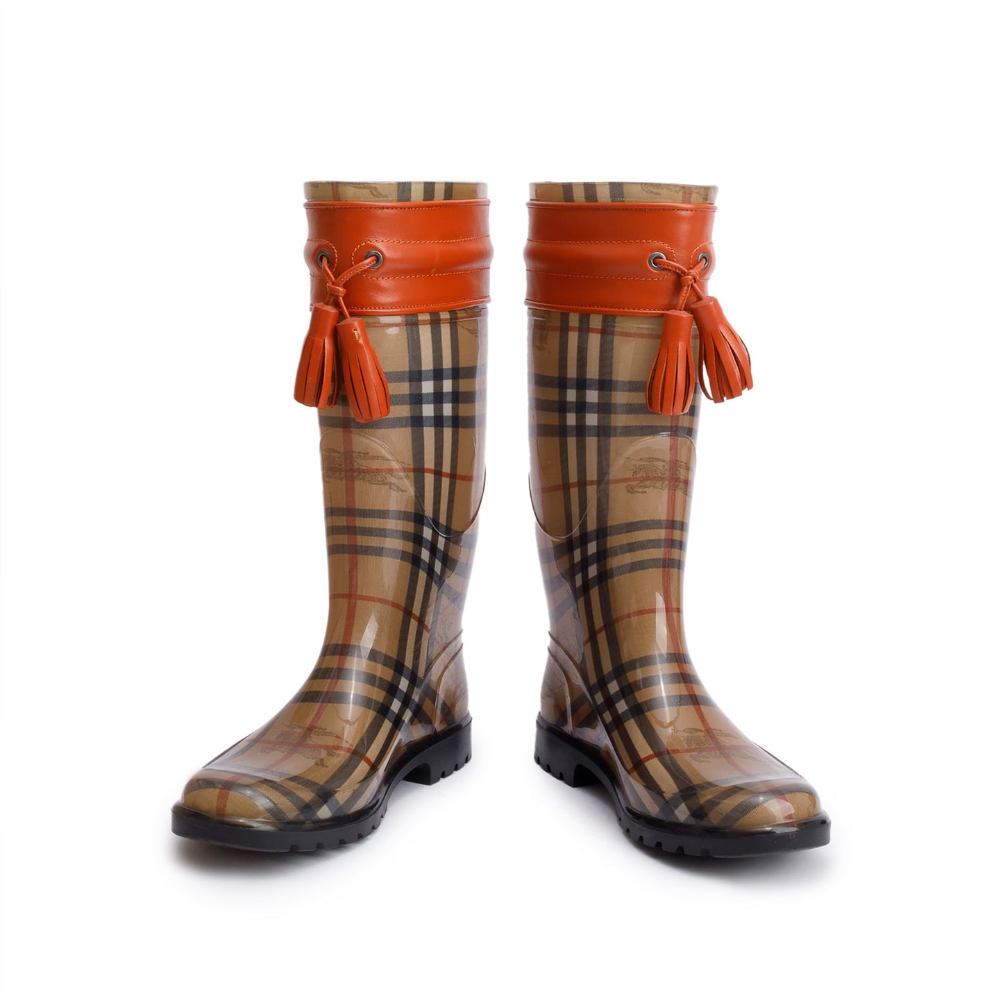 Burberry Wharton Haymarket Check Rubber Tassel Rain Boots, Size 38