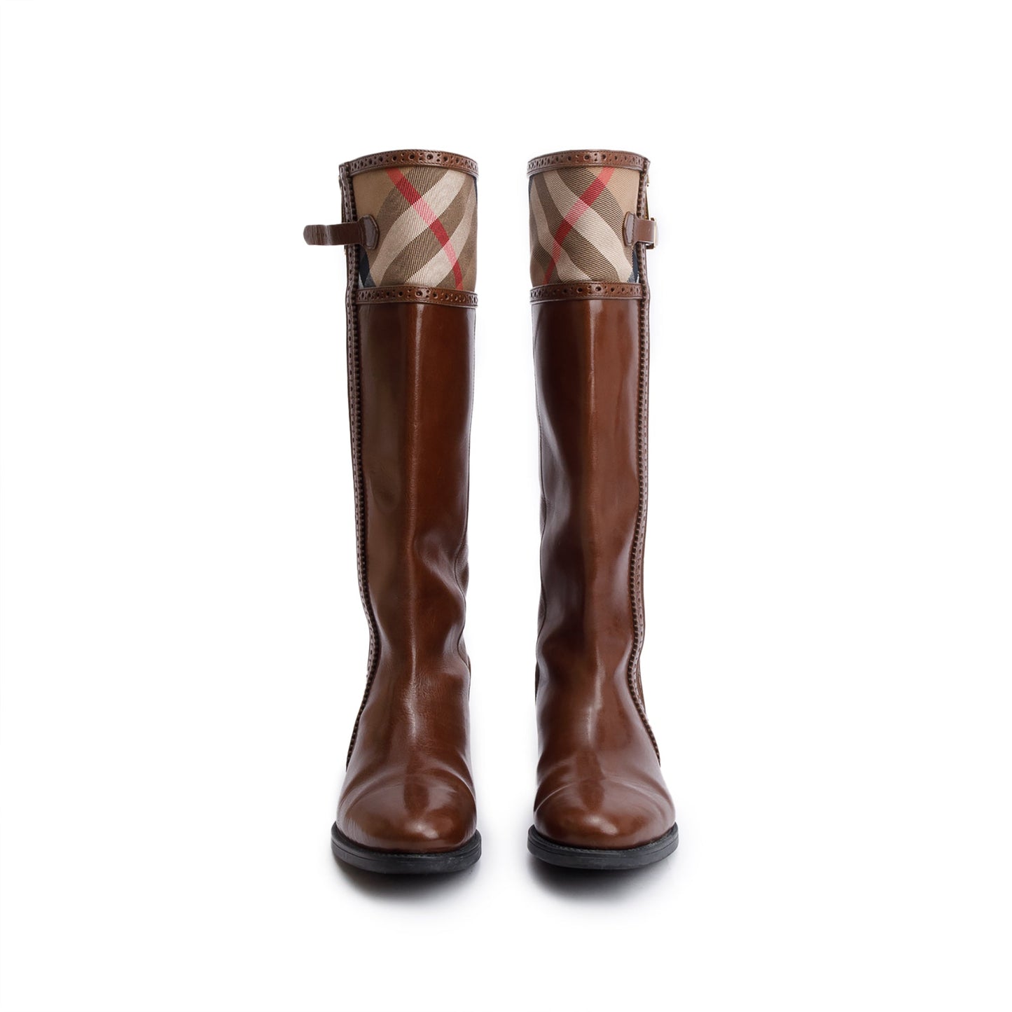 Burberry Brown Bridle Brogue House Check Colville High Boots, Size 38.5
