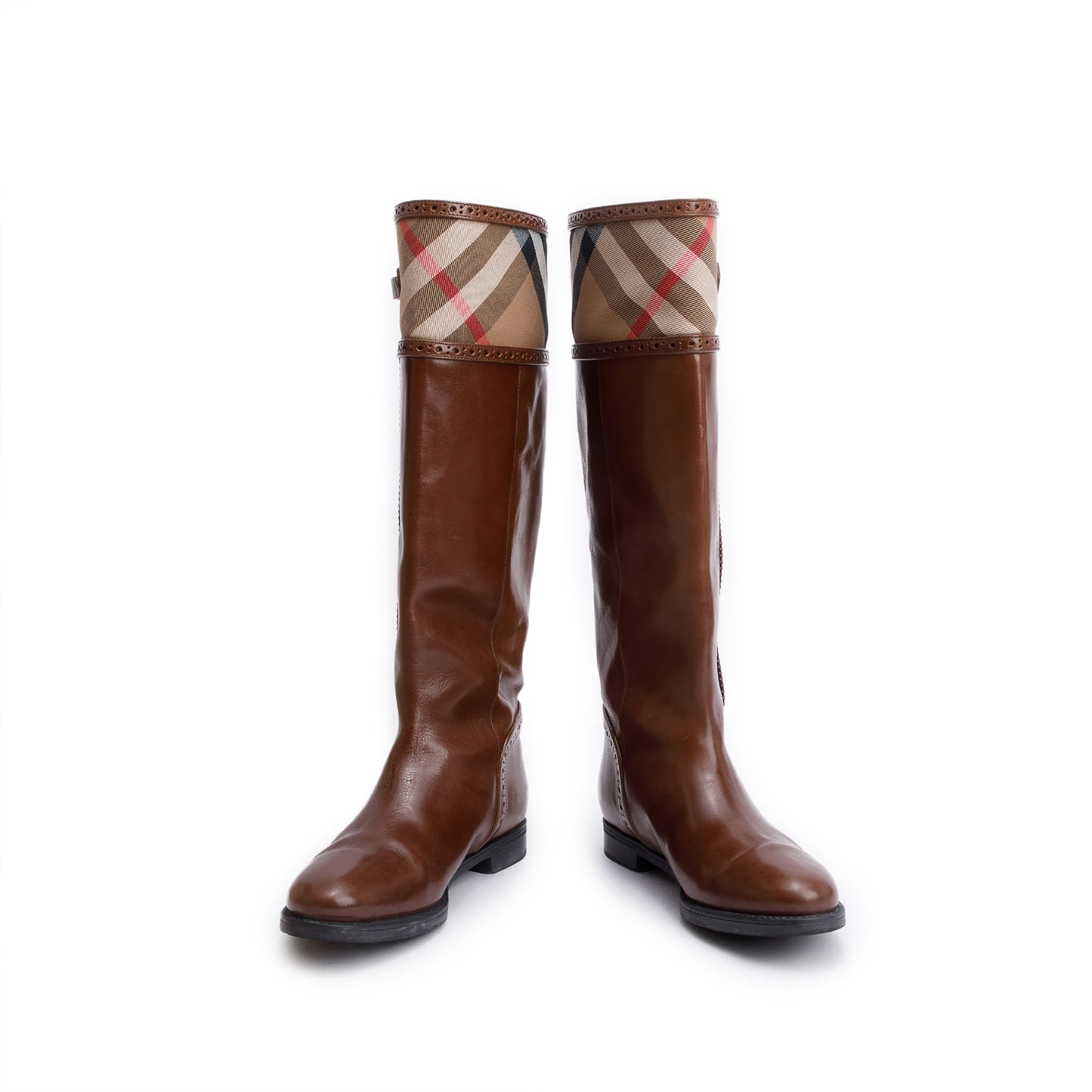 Burberry Brown Bridle Brogue House Check Colville High Boots, Size 38.5