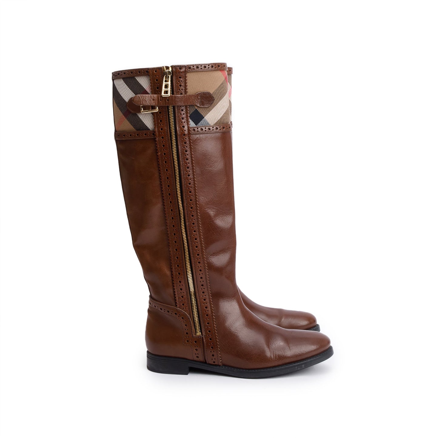 Burberry Brown Bridle Brogue House Check Colville High Boots, Size 38.5