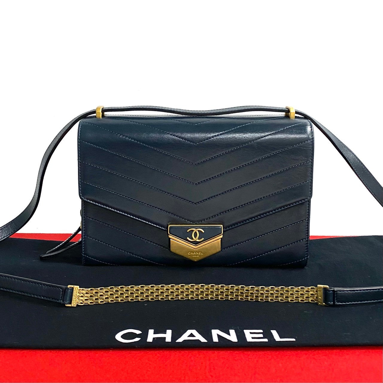 CHANEL Shoulder Bag leather Navy