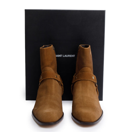 Saint Laurent Brown Suede Wyatt Harnes Ankle Boots, Size 44