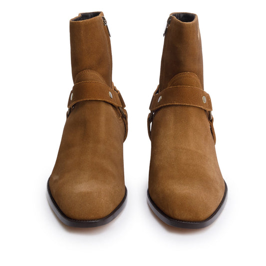 Saint Laurent Brown Suede Wyatt Harnes Ankle Boots, Size 44
