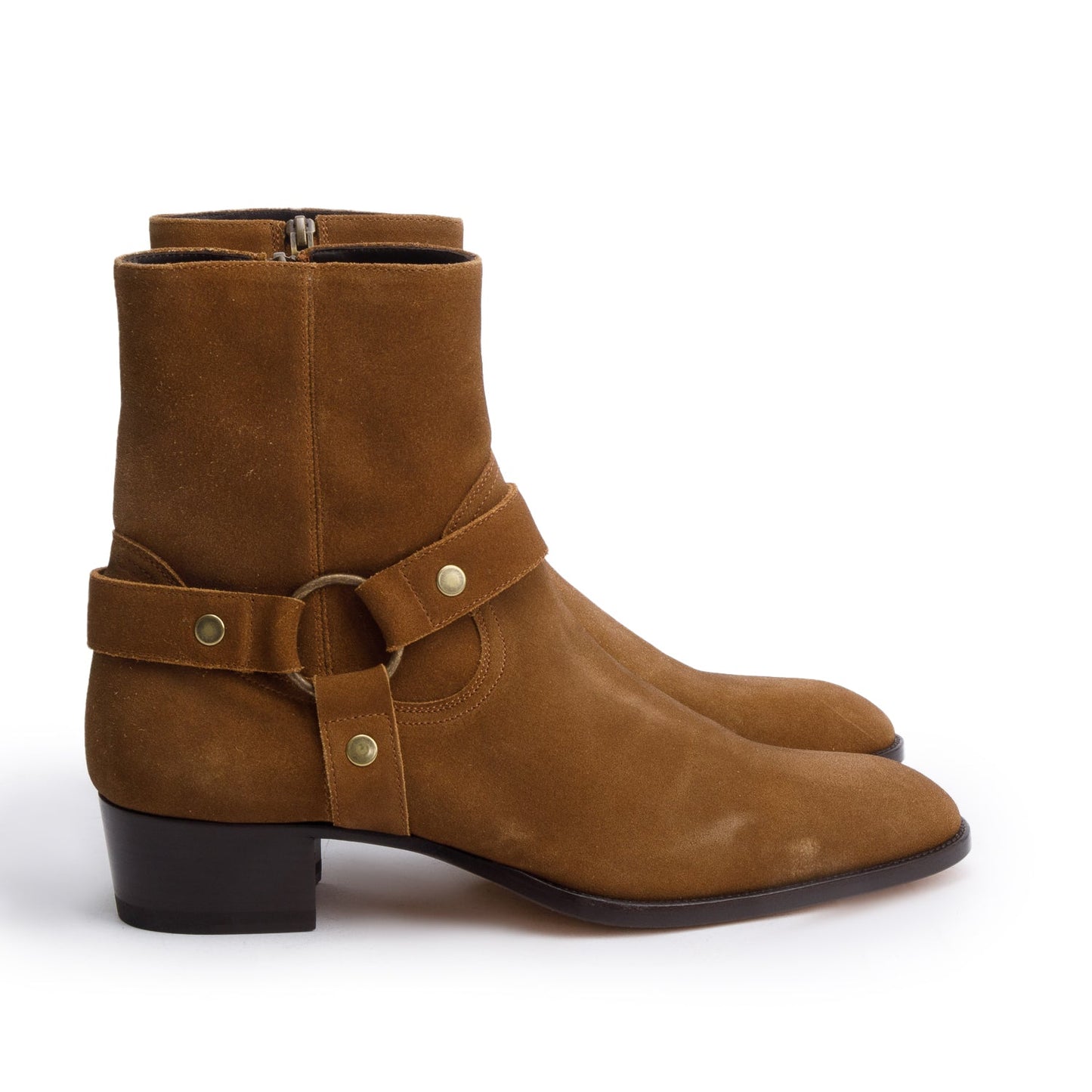Saint Laurent Brown Suede Wyatt Harnes Ankle Boots, Size 44