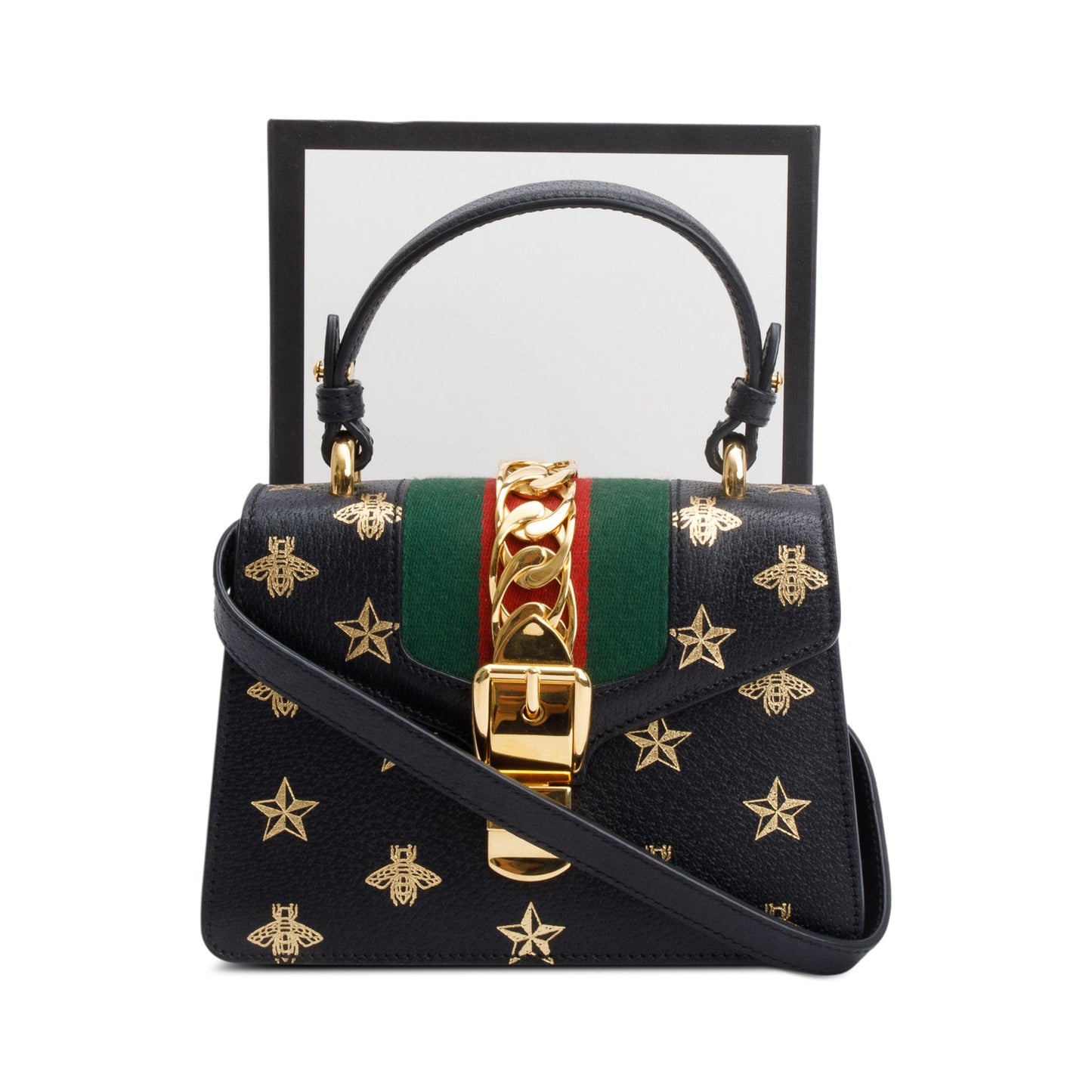 Gucci Black Calfskin Leather Bee Star Mini Top Handle Bag