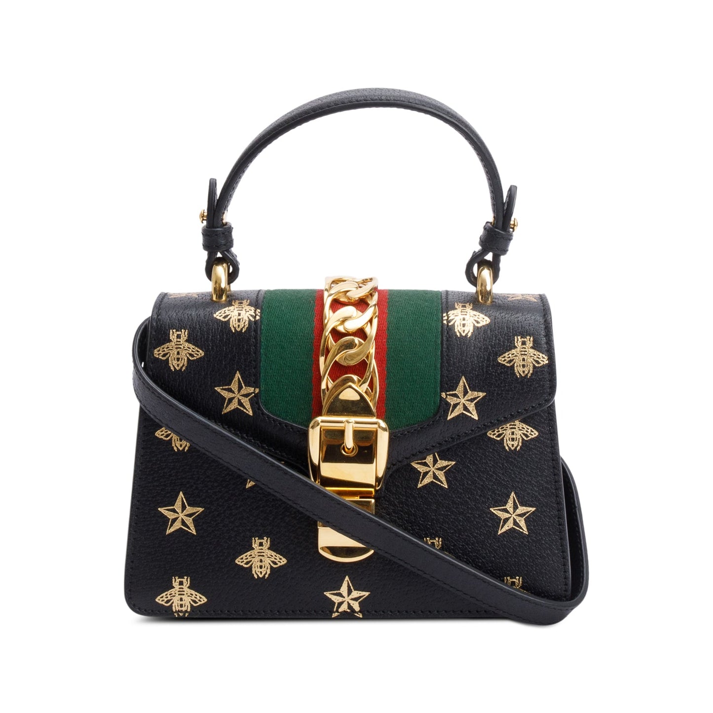 Gucci Black Calfskin Leather Bee Star Mini Top Handle Bag
