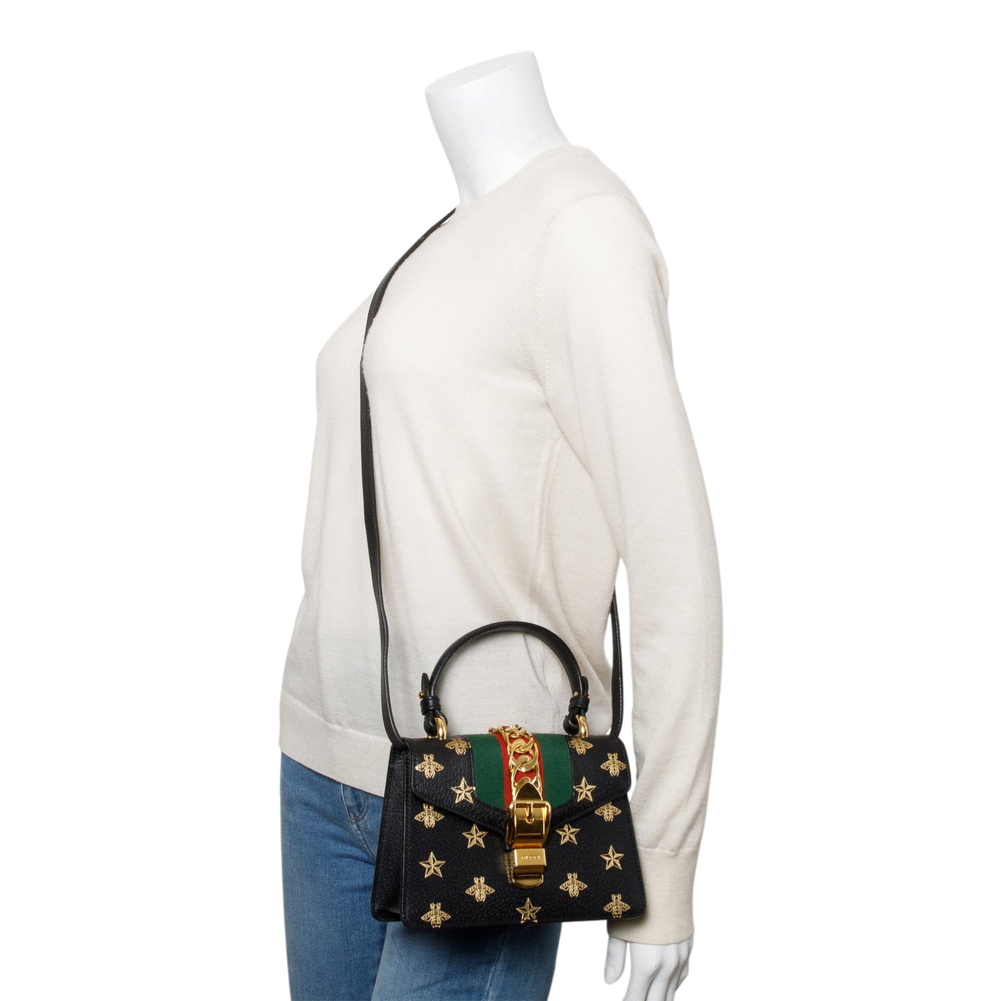 Gucci Black Calfskin Leather Bee Star Mini Top Handle Bag