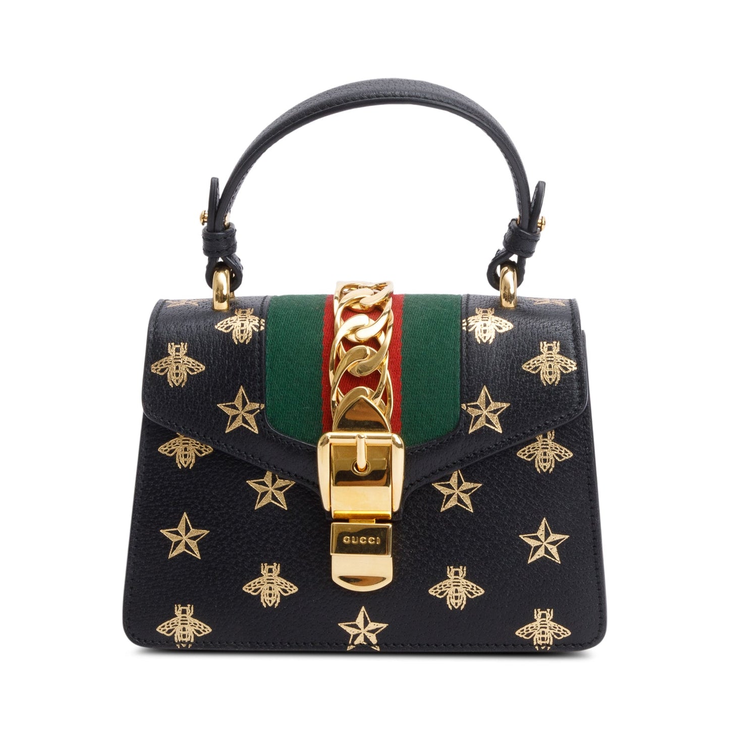 Gucci Black Calfskin Leather Bee Star Mini Top Handle Bag