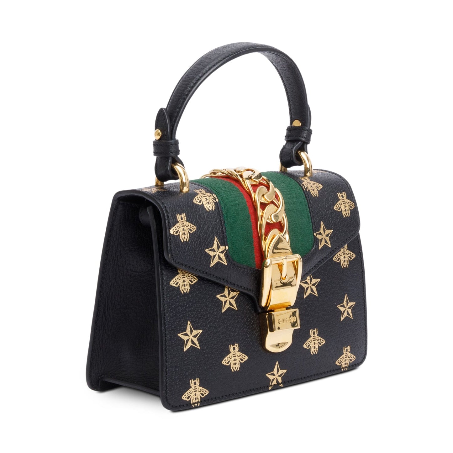 Gucci Black Calfskin Leather Bee Star Mini Top Handle Bag