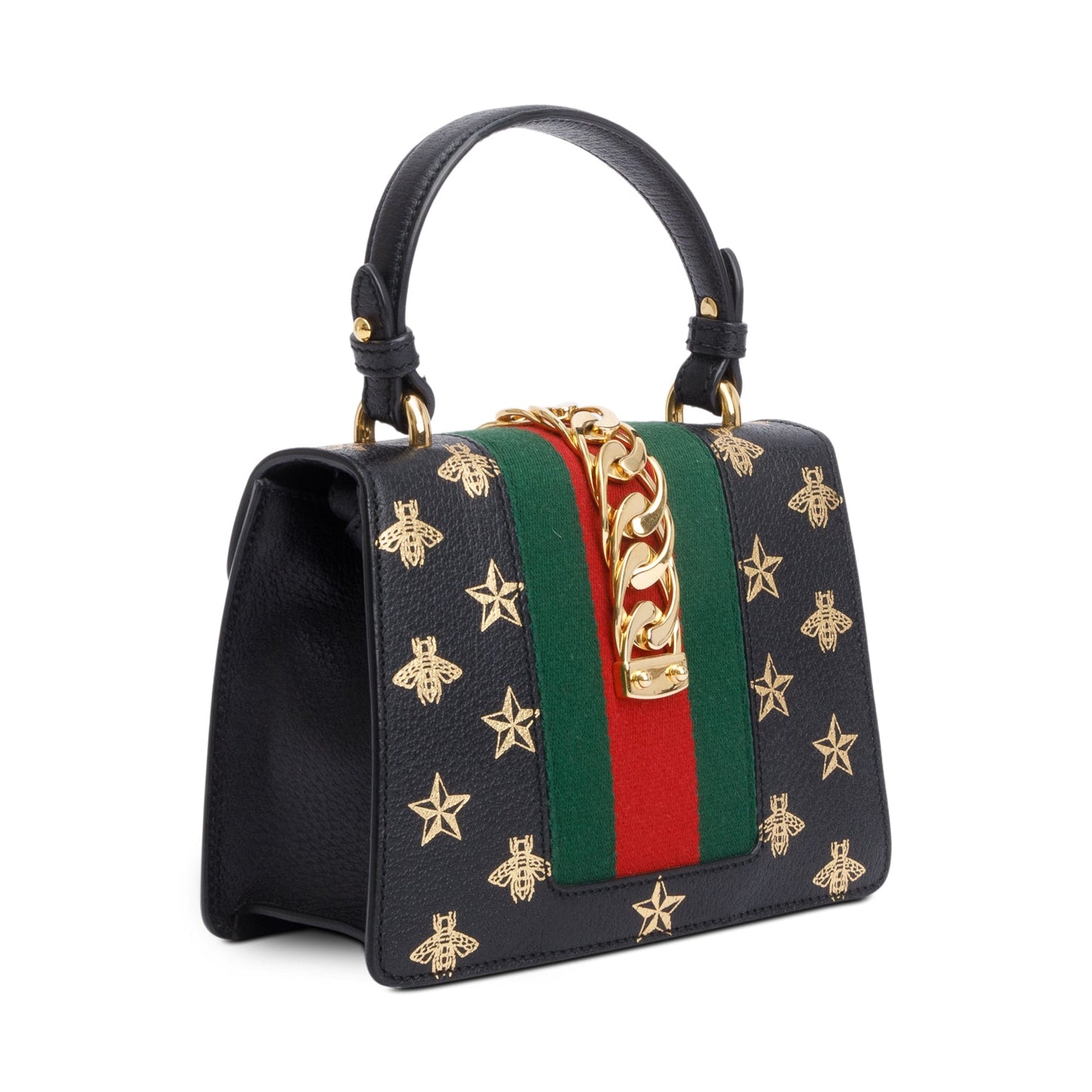 Gucci Black Calfskin Leather Bee Star Mini Top Handle Bag