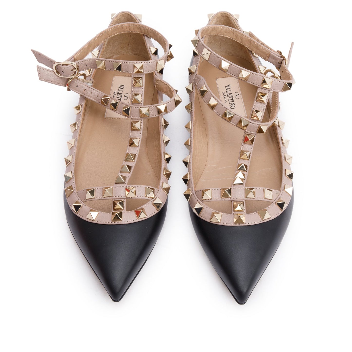 Valentino Blue/Beige Leather Rockstud Ballet Flats, Size 37