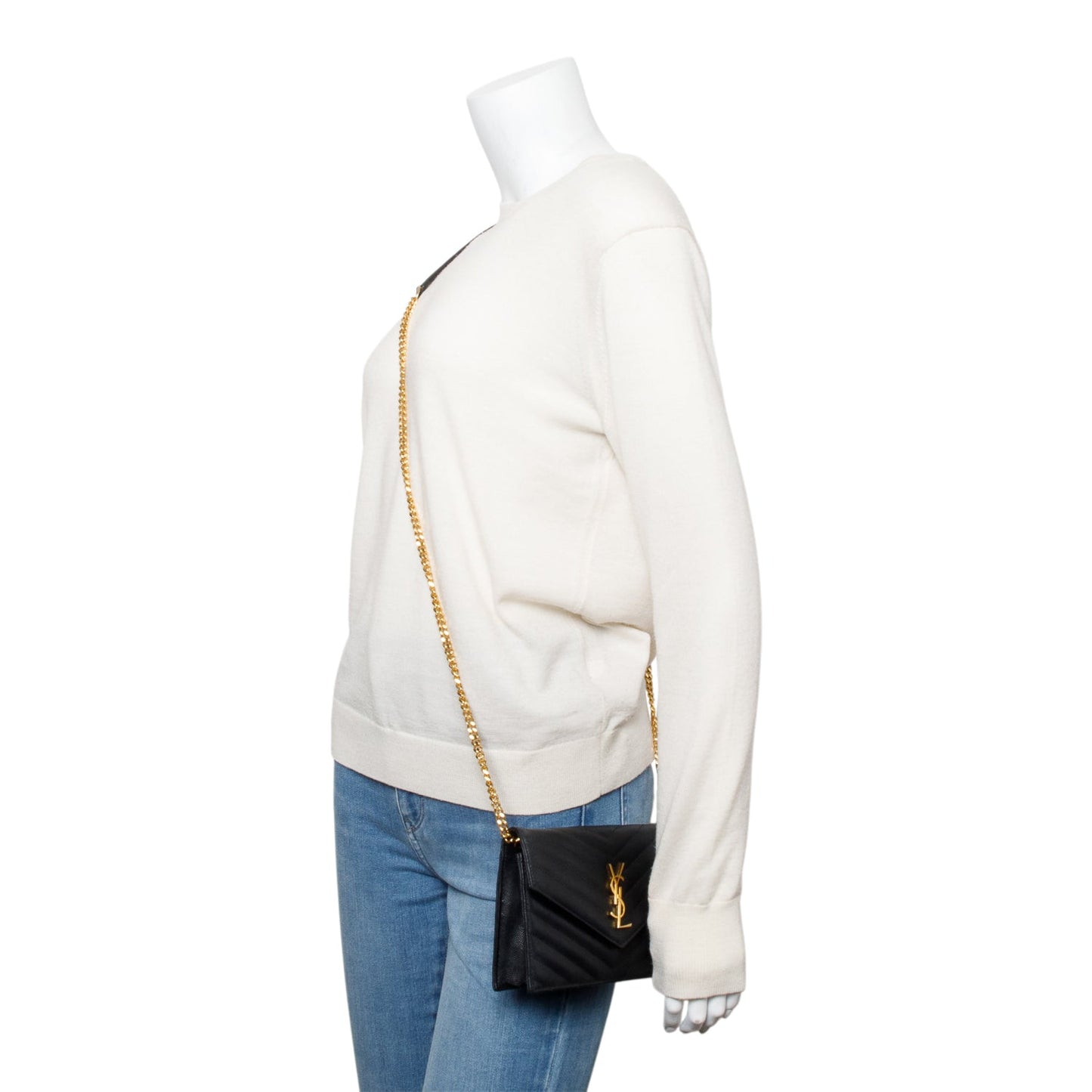 Saint Laurent Black Grain De Poudre Leather Cassandre Envelope Chain Wallet