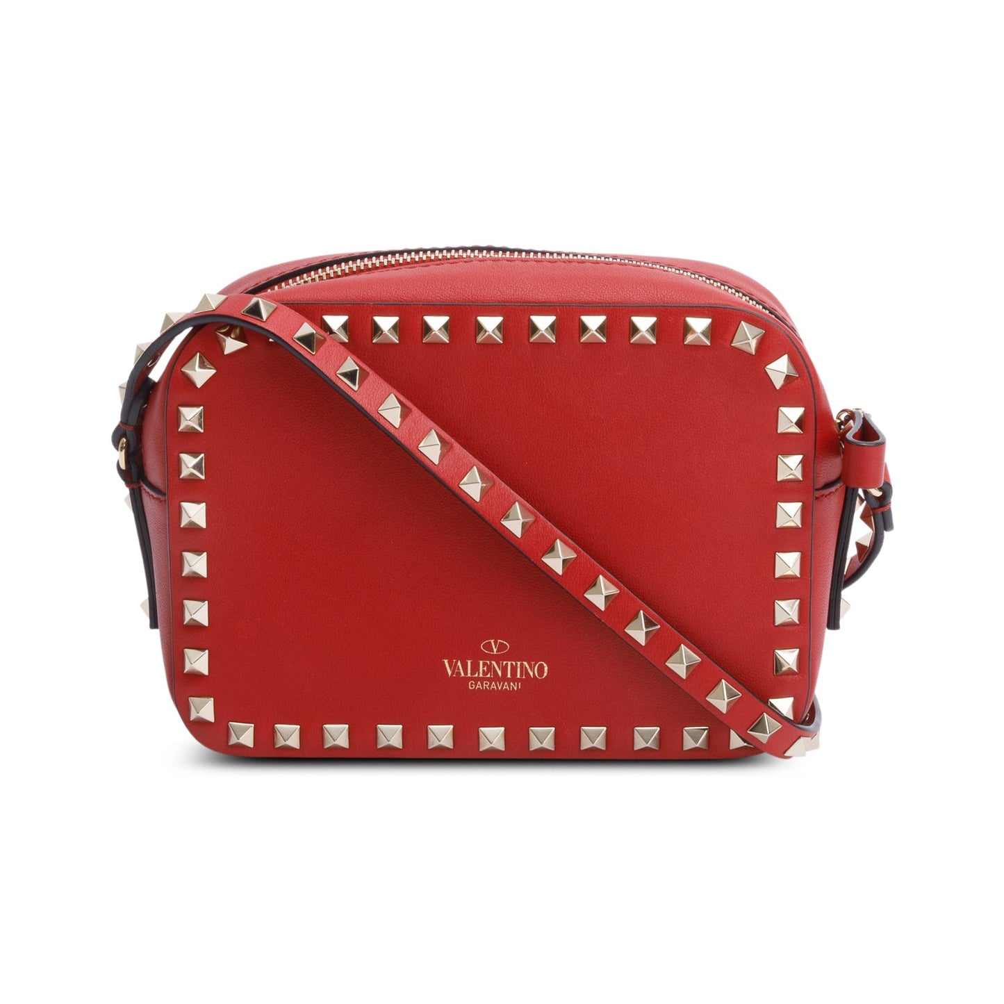 Valentino Red Calfskin Leather Rockstud Camera Crossbody Bag