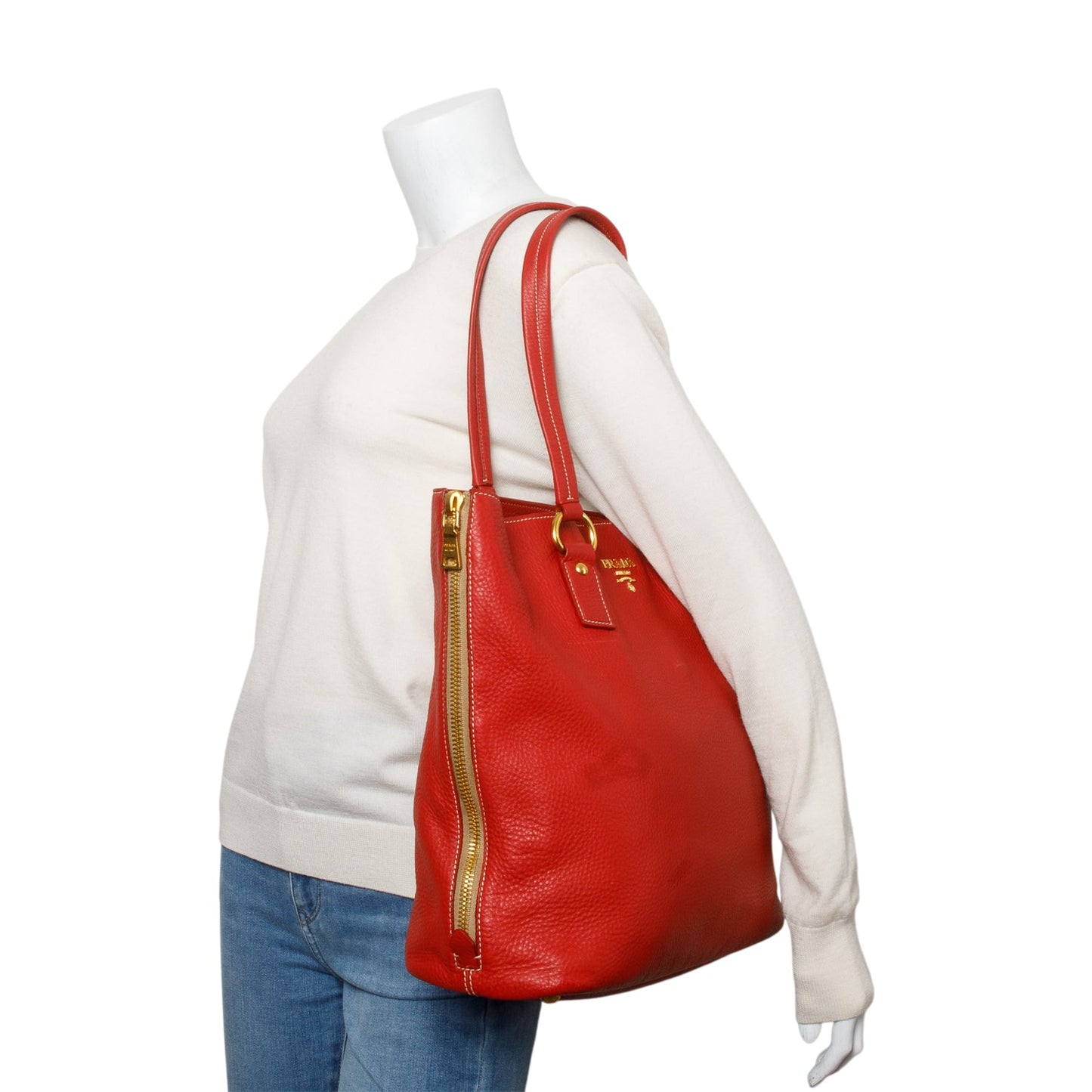 Prada Red Vitello Daino Leather Side Zip Tote