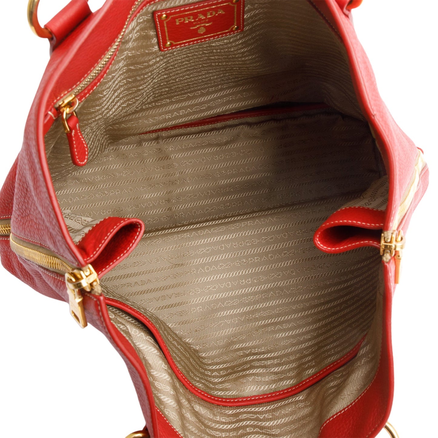 Prada Red Vitello Daino Leather Side Zip Tote