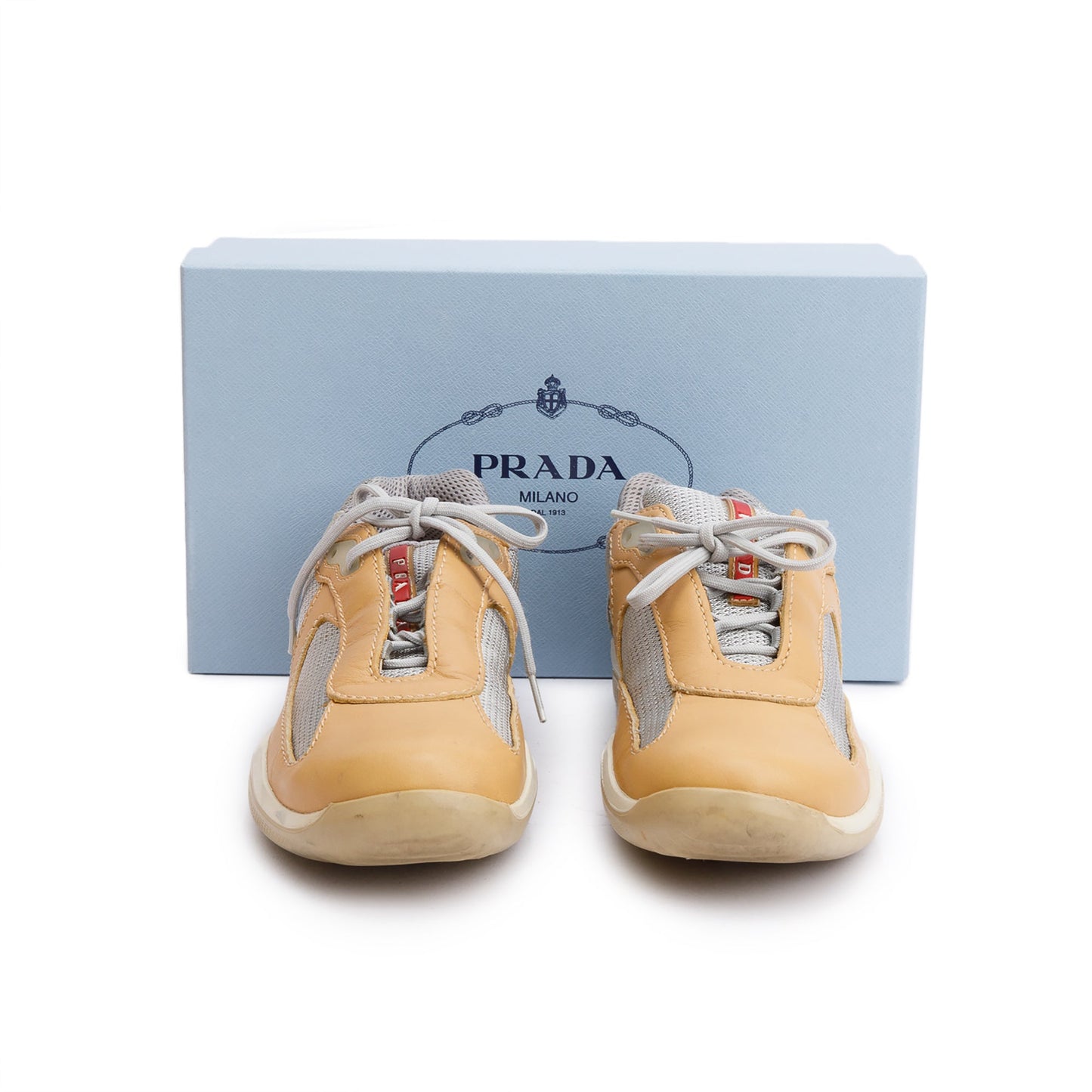 Prada Grey Nylon Beige Leather Linea Rossa Sneakers, Size 40