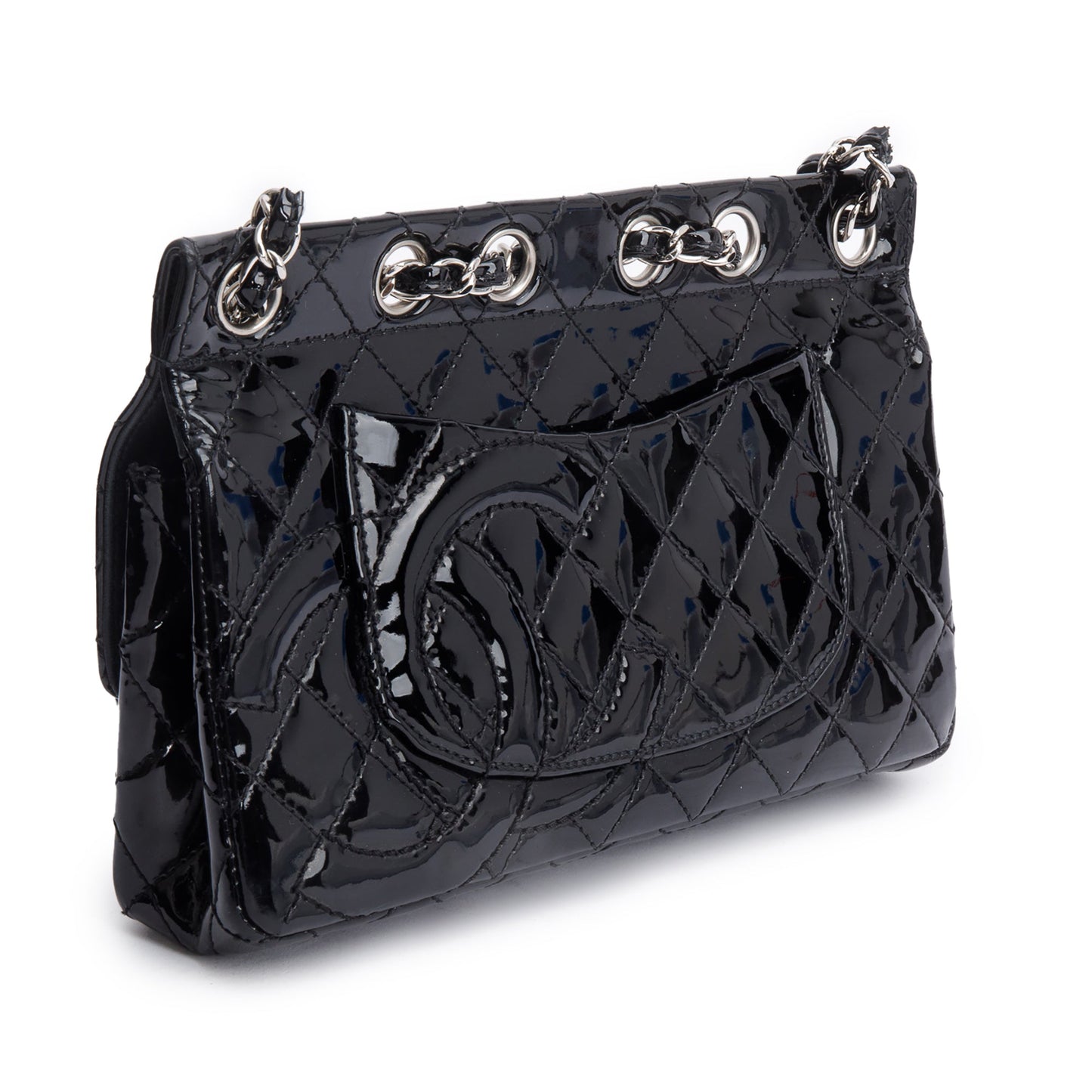 Chanel Black Quilted Patent Leather Chain Through Flap Bag