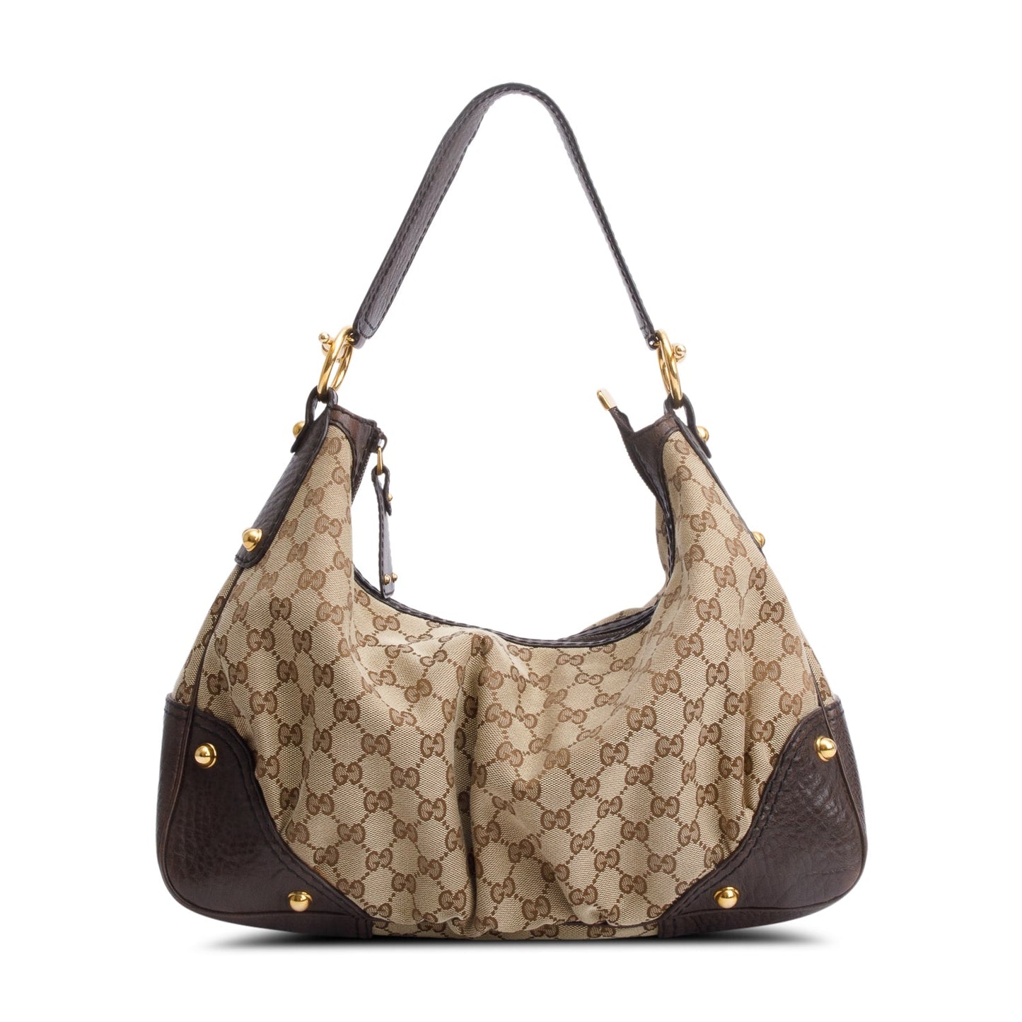Gucci GG Canvas Brown Leather Trim Medium Jockey Hobo
