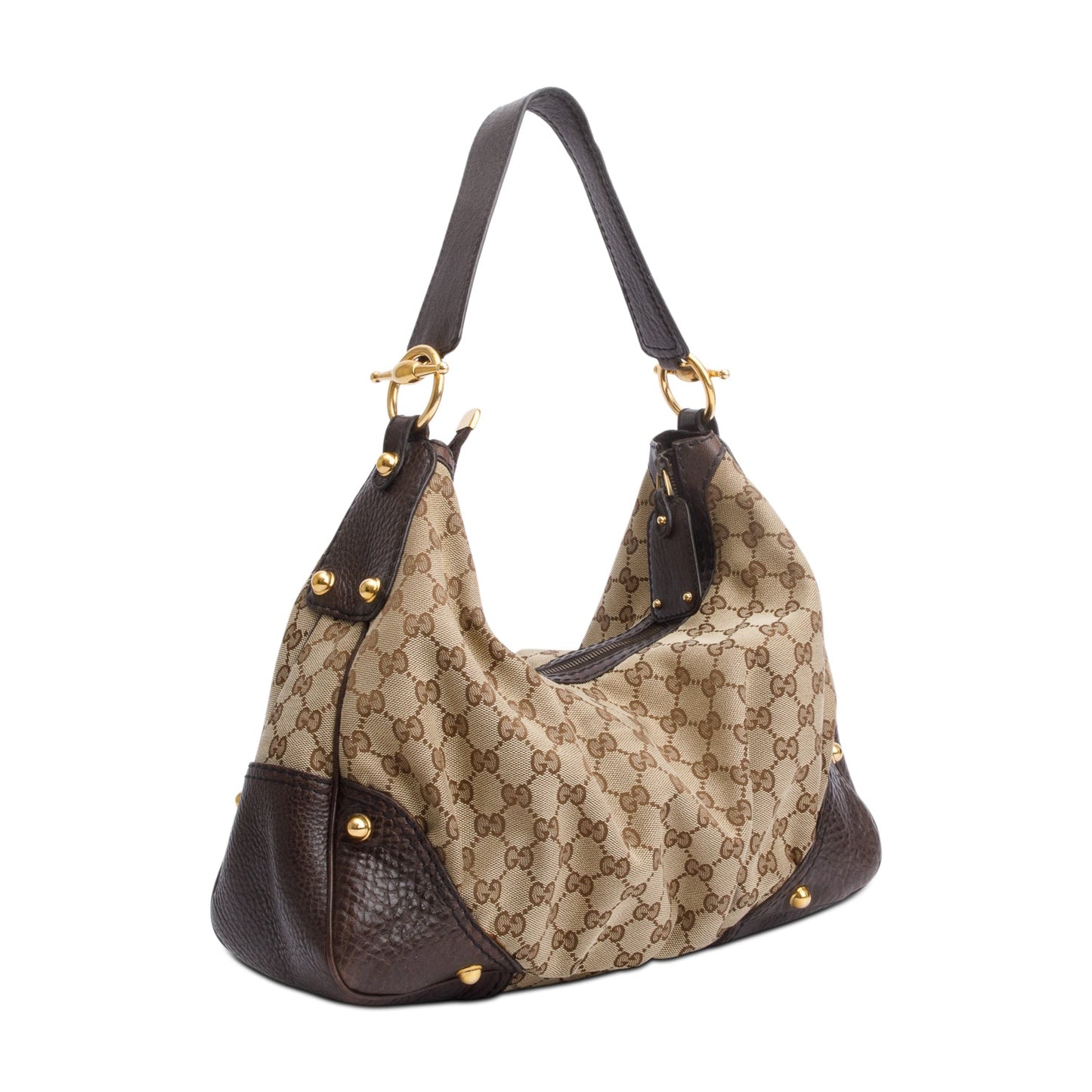 Gucci GG Canvas Brown Leather Trim Medium Jockey Hobo
