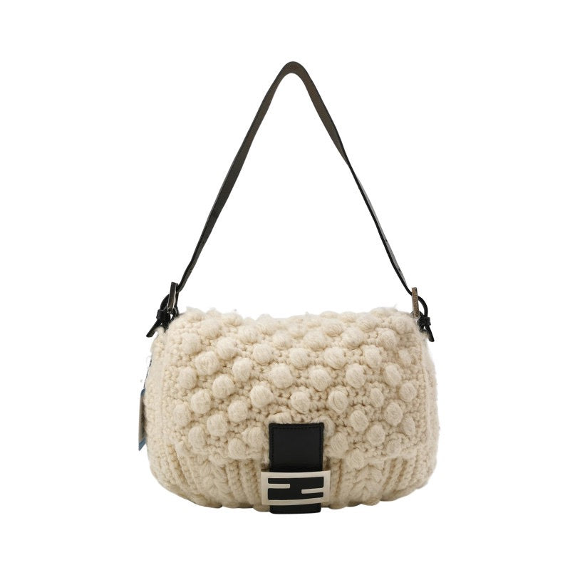 Fendi Mamma Baguette White Crochet Pompom Shoulder Bag