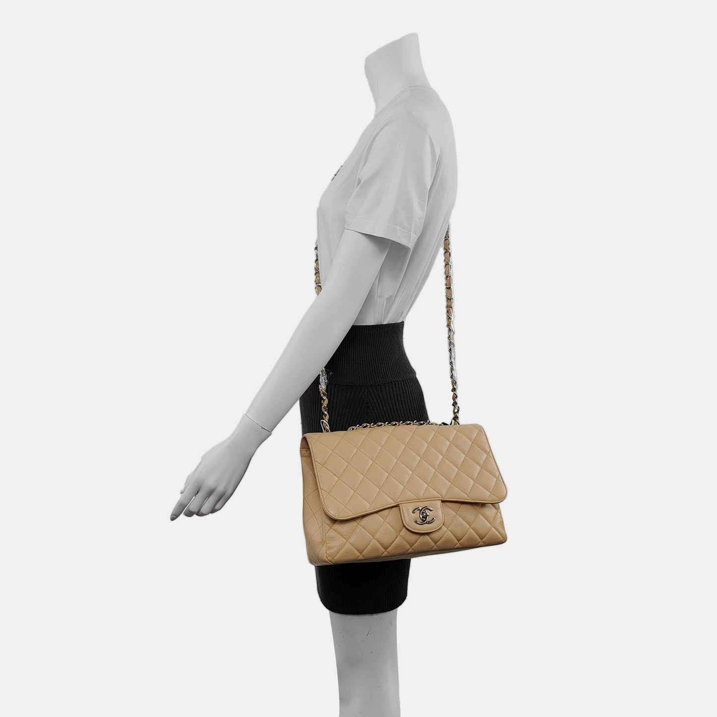 Chanel Classic Flap Jumbo 2009 Beige Caviar Leather Single Flap Silver Hardware
