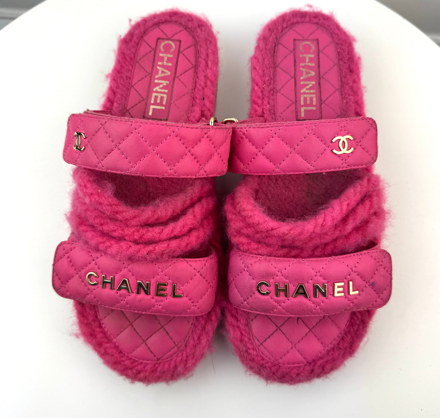 Chanel Cord Lambskin Quilted Logo Sandal Pink Beige size 37