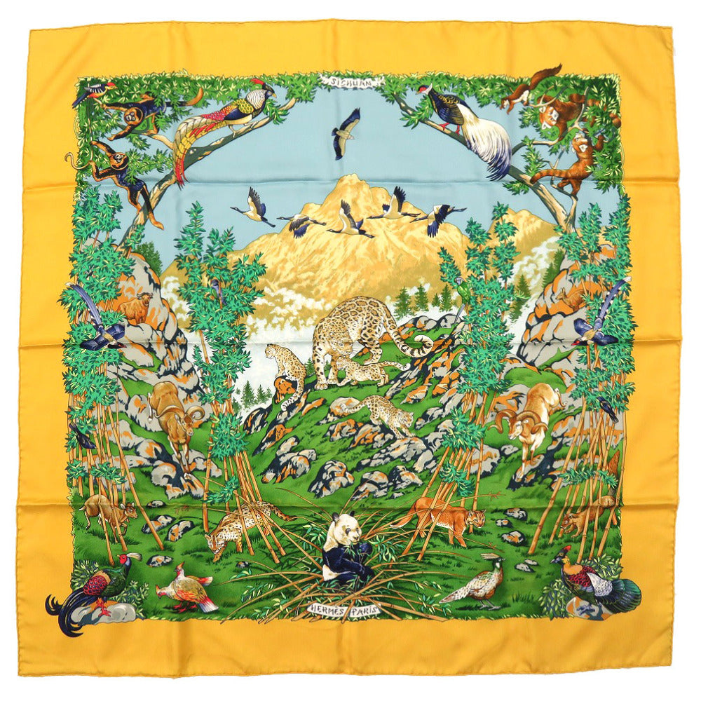 HERMES scarf silk yellow Carre90 SICHLIAN Sicilian Animals Sichuan Women