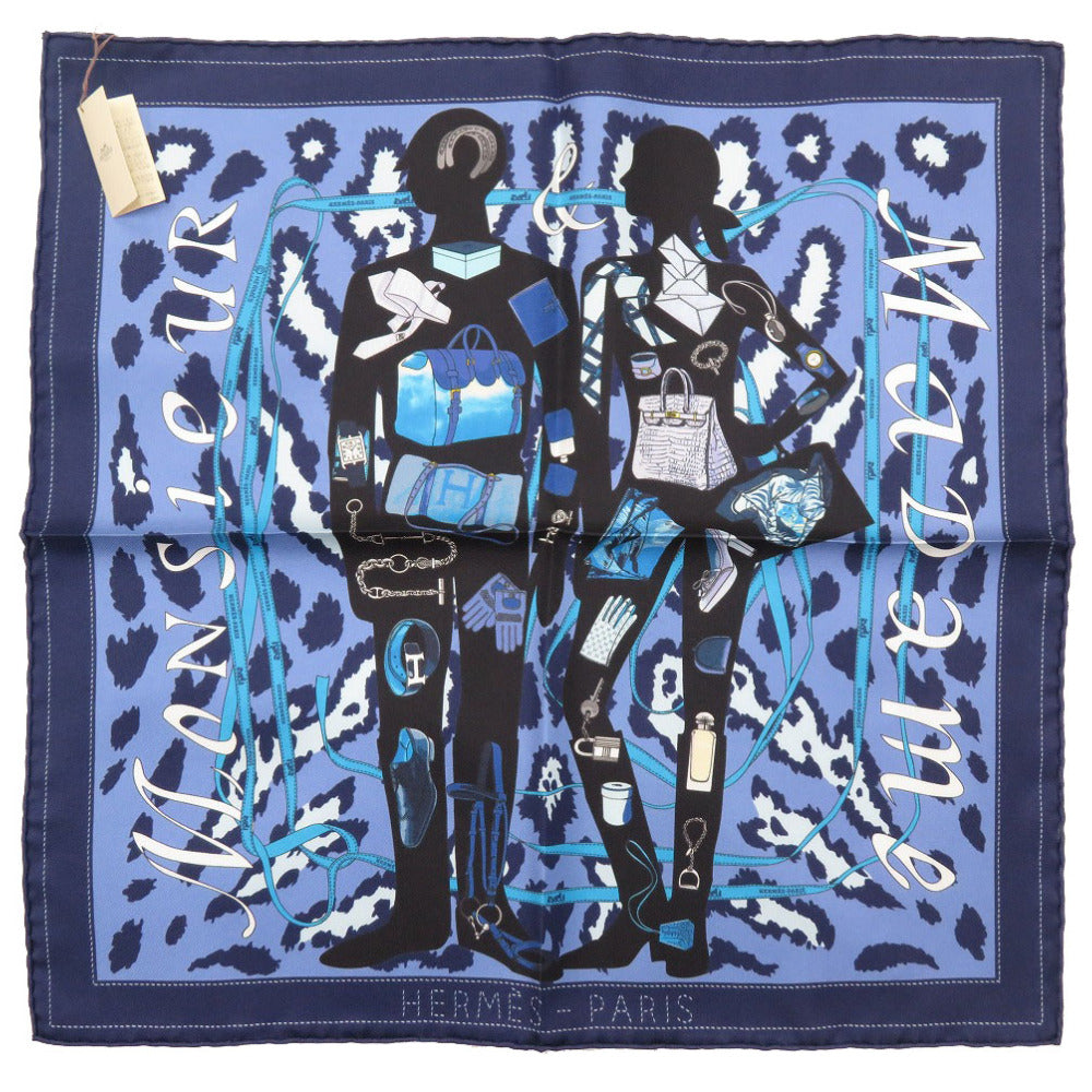 HERMES scarf silk blue Carre40 MONSIEUR ET MADAME Monsieur & Madam unisex(Unisex)