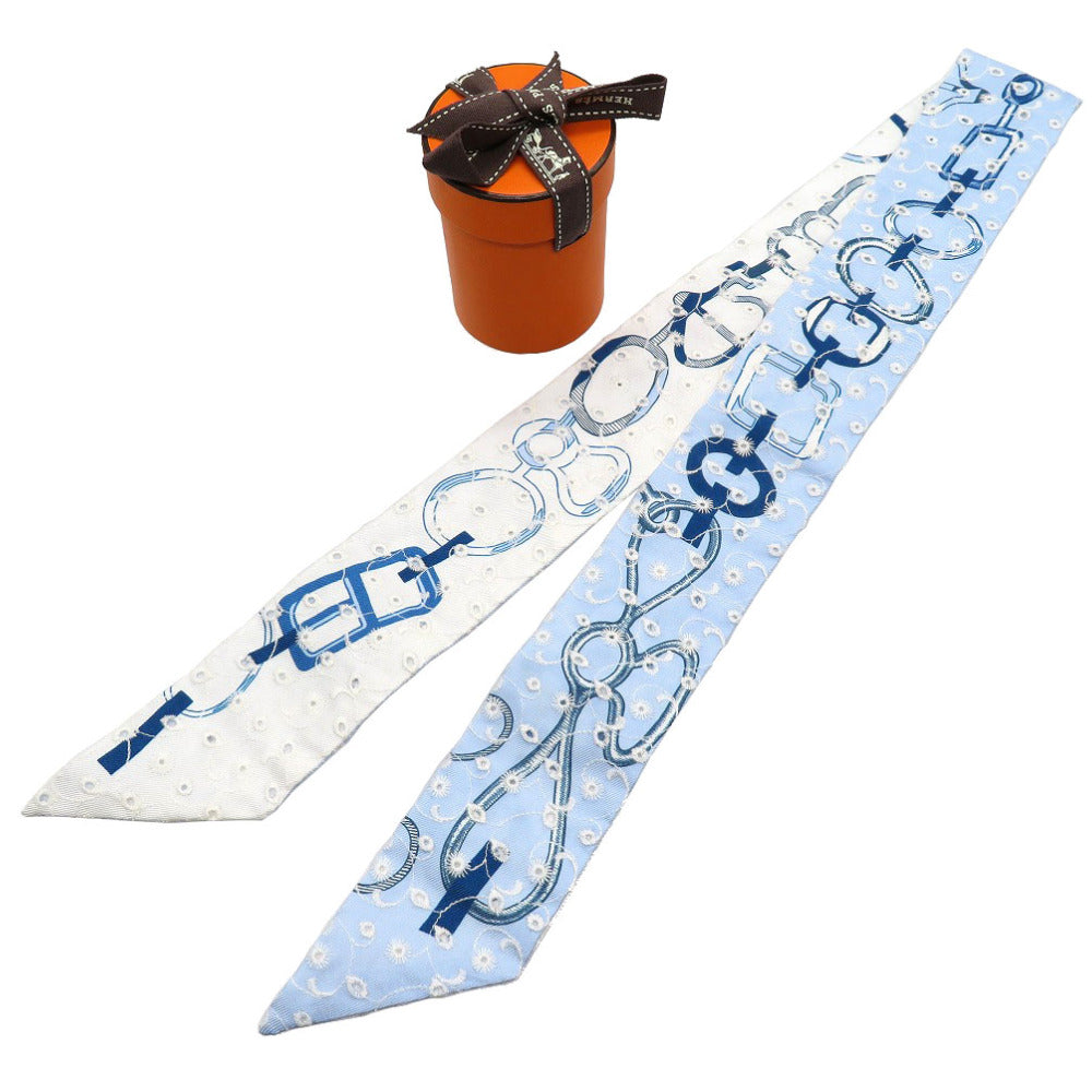 HERMES scarf silk blue Twilly de les Boucles Broderie Anglaise Women