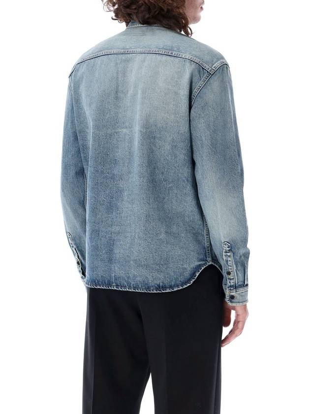 Luxury Saint Laurent Trending 2025 Men's Cassandre Logo Denim Long Sleeve Shirt Blue