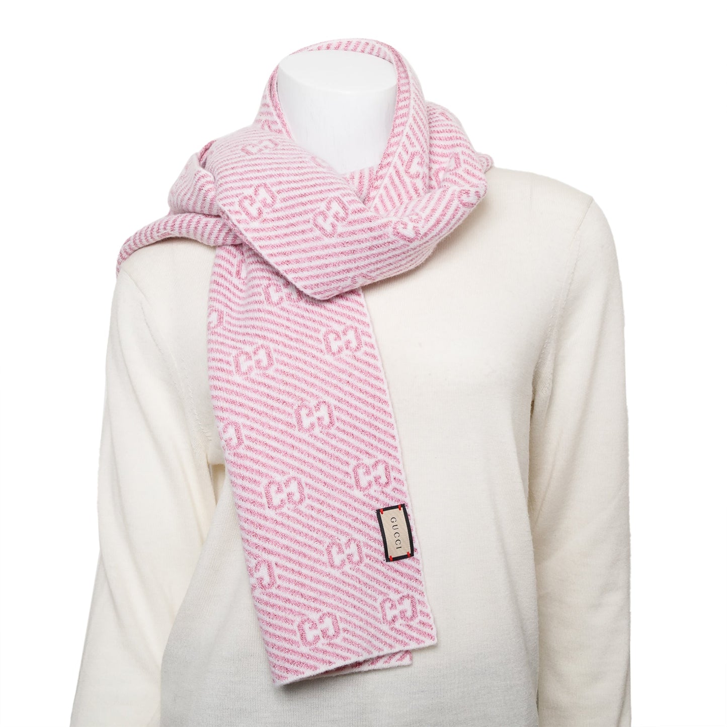 Gucci Pink Diagonal Stripe GG Jacquard Cashmere Wool Scarf