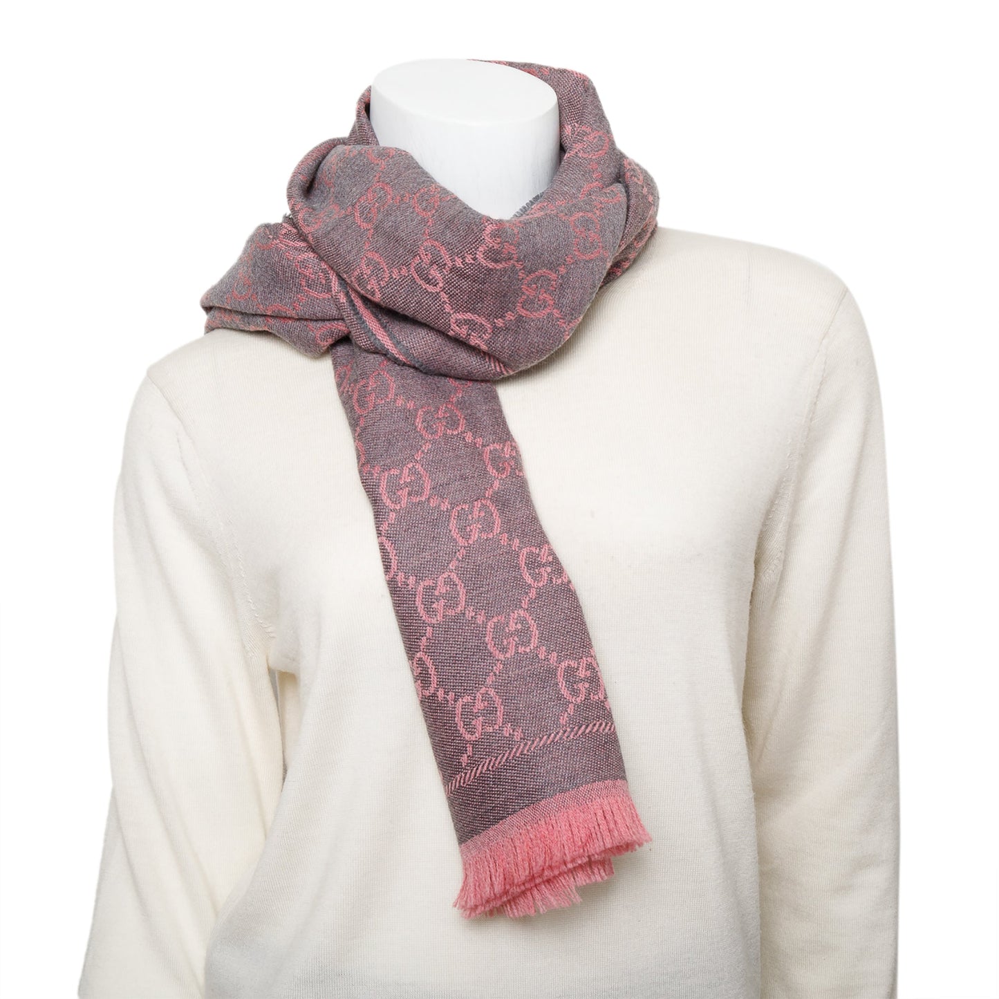 Gucci Pink/Grey GG Jacquard Wool Silk Scarf