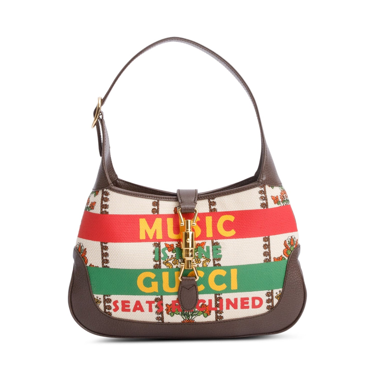 Gucci Neutral & Multicolor Music Is Mine Canvas Brown Leather Trim Small Jackie 1961 Shoulder Bag