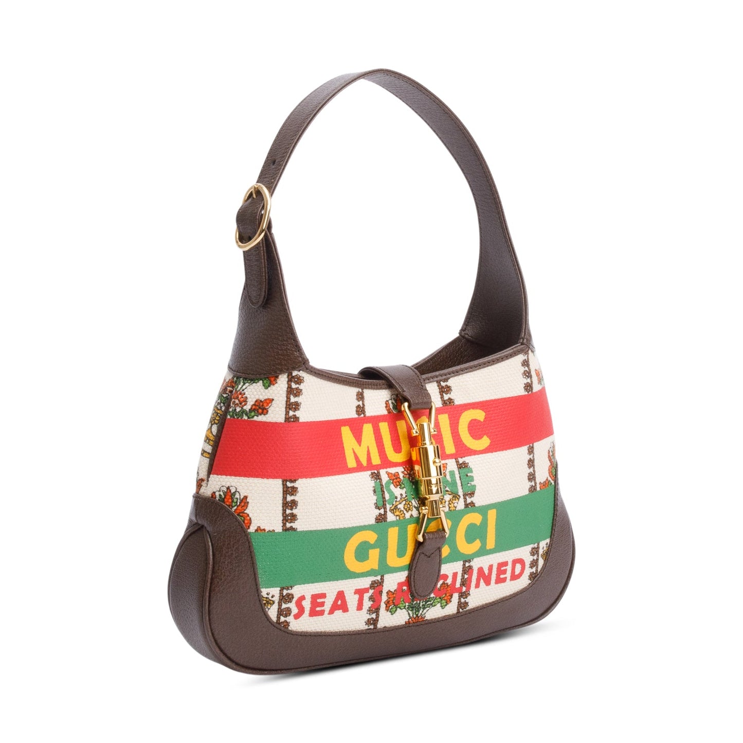 Gucci Neutral & Multicolor Music Is Mine Canvas Brown Leather Trim Small Jackie 1961 Shoulder Bag