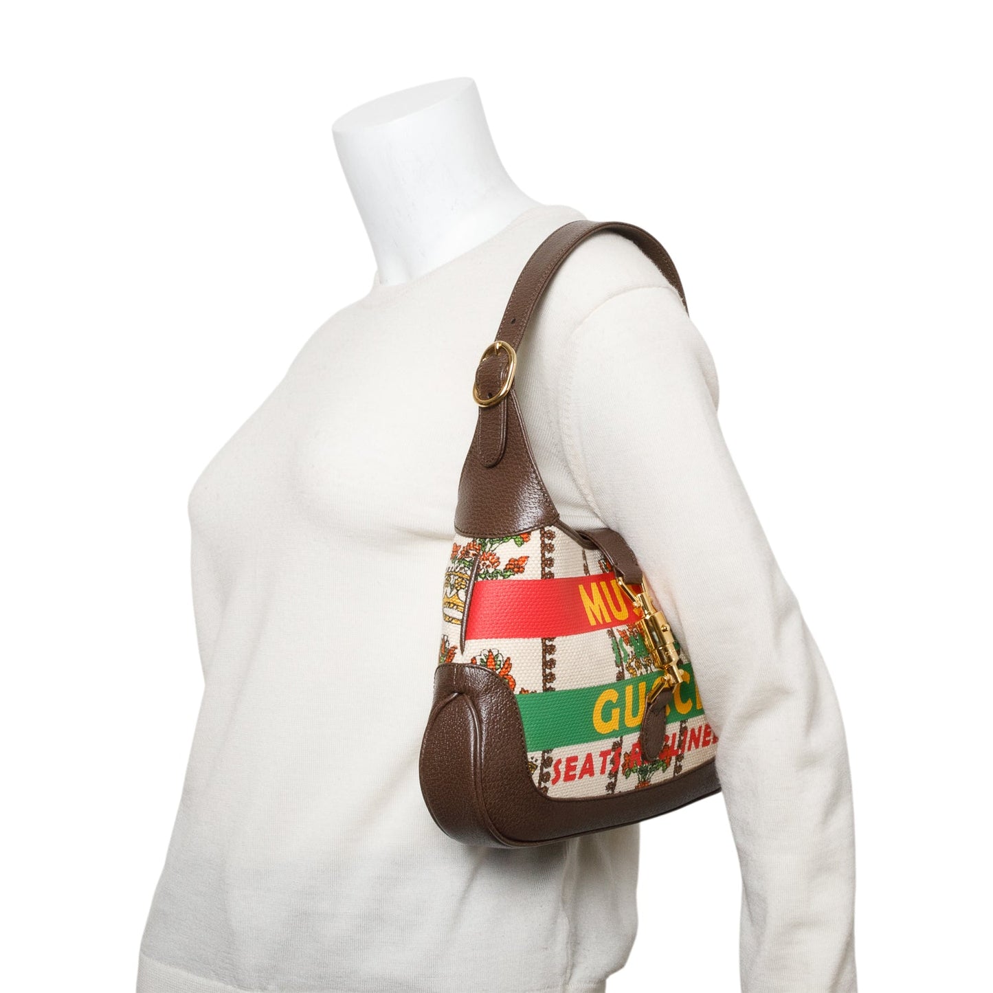 Gucci Neutral & Multicolor Music Is Mine Canvas Brown Leather Trim Small Jackie 1961 Shoulder Bag