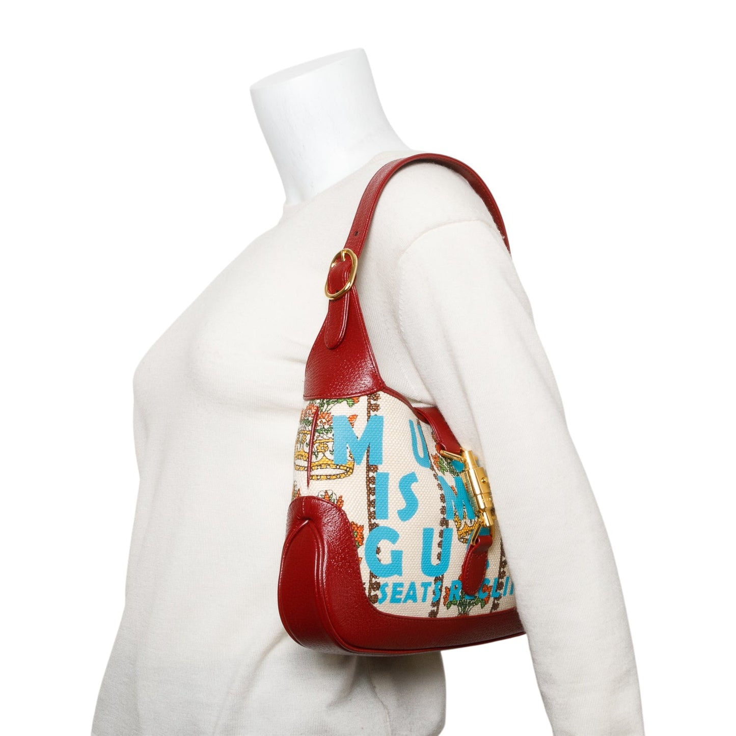 Gucci Neutral & Multicolor Music Is Mine Canvas Red Leather Trim Small Jackie 1961 Shoulder Bag